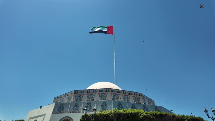 A majestic UAE flag waves proudly above a beautifully adorned mosaic dome under a clear blue sky.