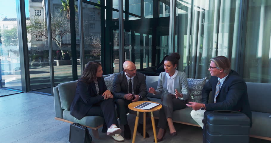 Meeting, team and business people in airport lounge for discussion on b2b partnership, deal or merger. Conversation, company travel and financial advisors with client stakeholders for investment.