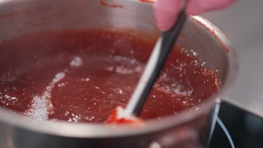 Confectioner cook filling for bento cake. Berry confiture, jam sauce for pastry
