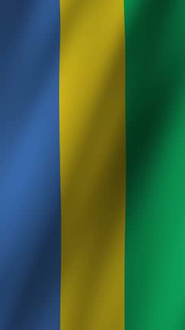 Gabon Flag waving in the gentle breeze against a bright sky, showcasing vibrant colors of blue, yellow, and green
