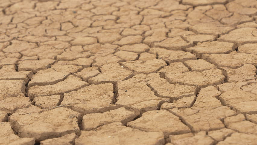 CLOSE UP: Cracked, dry earth in an arid environment. Parched brown soil forms a natural abstract pattern, symbolizing drought, extreme heat, and the worrisome effects of climate change on the land.