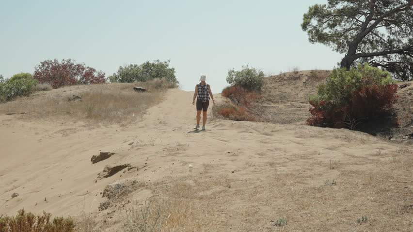 A Woman Walks Across a Sandy Ridge, Surrounded by Sparse Vegetation and a Lone Tree Under the Bright Sun.