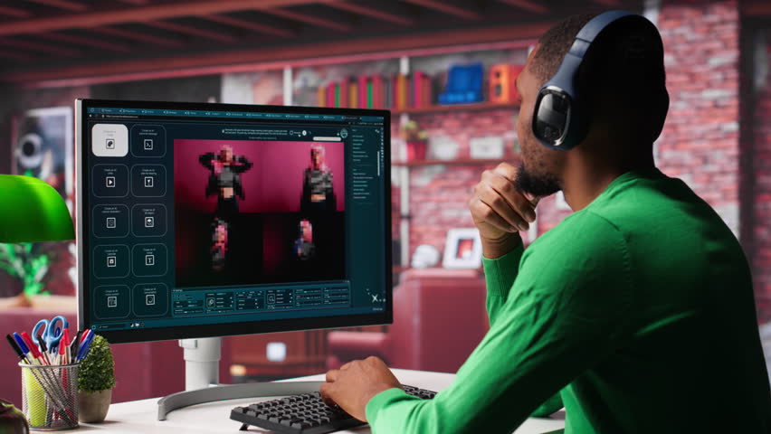 Black graphic designer working in loft with AI image generator software. Digital screen displaying visuals created through machine learning and cloud computing, generative AI. Camera A.