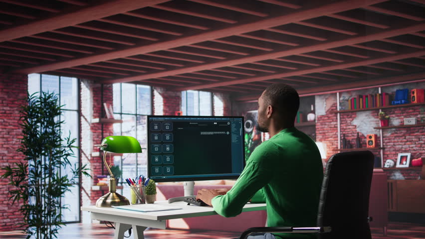 Remote worker uses conversational AI bot to help solve daily tasks, chatting with machine learning powered chatbot to generate data responses. Efficiency with AI assistant tool. Camera B.