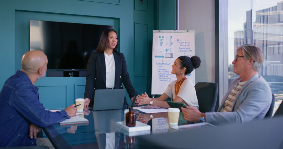 Presentation, business woman and board meeting with tech and investment progress with data breakdown. Equity, speaker and strategy planning with team performance review and analysis with chart report