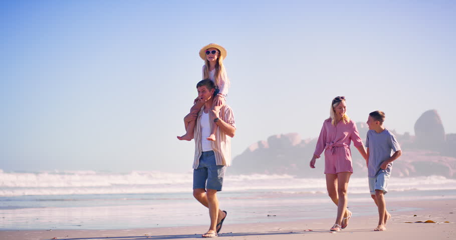 Happy family, beach and walk on vacation with parents, children and fun together with summer trip. Holiday, love and support of people with care, piggyback and youth with bonding on break in Miami
