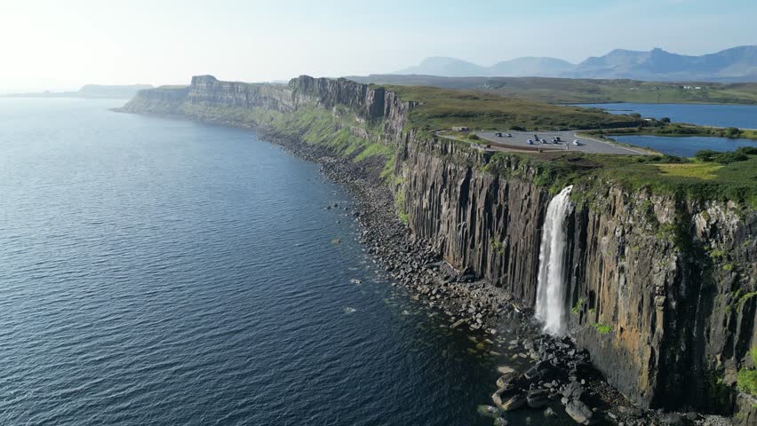 Mealt Falls and Kilt Rock on Isle of Skye, Scotland – Aerial View of Coastal Waterfall and Basalt Cliffs