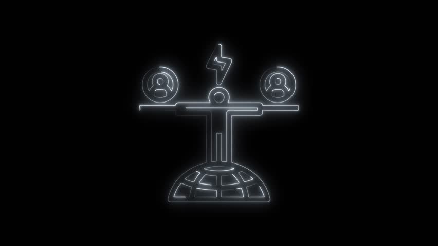 Global equality neon concept with balance scale and people icons promoting justice and fairness worldwide on dark background