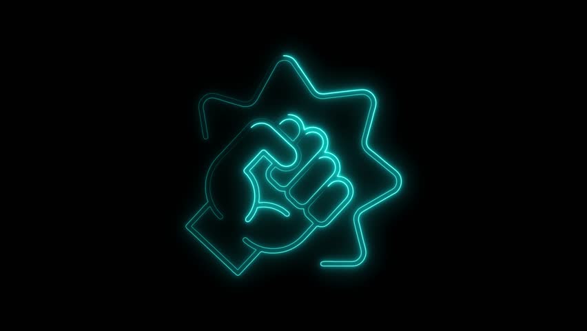 Neon fist clenched in front of star silhouette animation on black background
