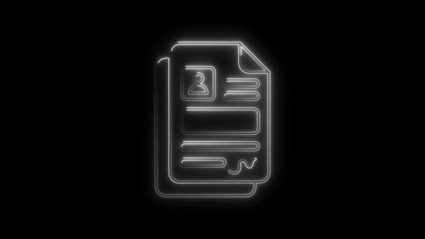 Glowing neon resume or cv on black background animation