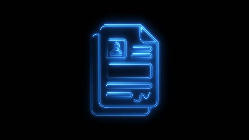 Animated resume or document icon with glowing blue outline on black background
