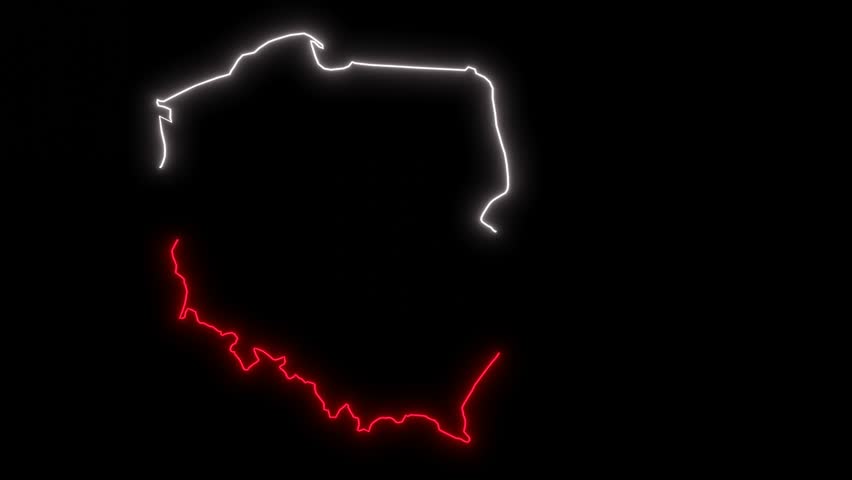Poland outline map  with neon flag colors 4k animation