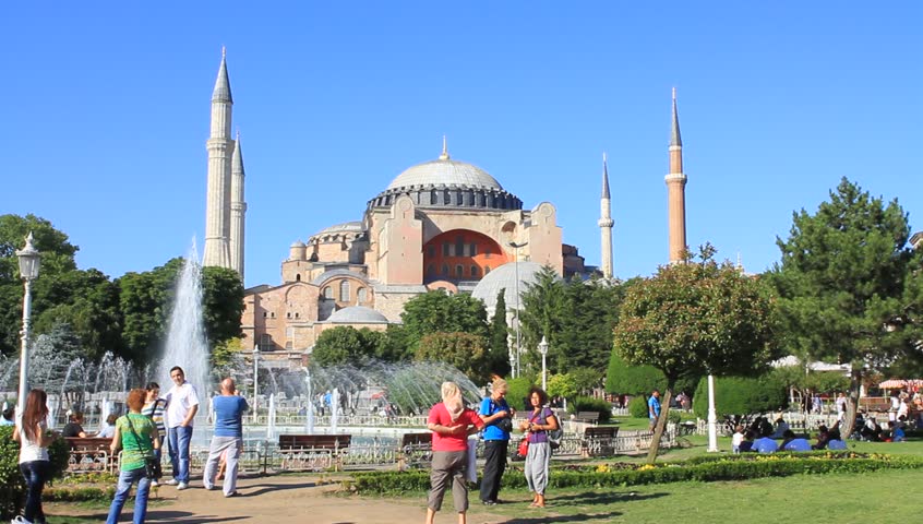ISTANBUL - JUL 9: Visitors enjoying in front of Hagia Sophia Museum on July 9,