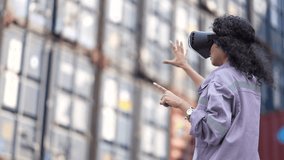 Female engineer uses virtual reality headset to inspect containers in a logistics yard, showcasing smart technology in modern supply chain operations. - Powered by Shutterstock - Get 15% off with code: PIKWIZARD15
