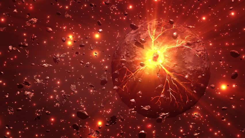 Dying Alien planet glowing in deep space with asteroids
3d rendering sci fi concept, 2025
