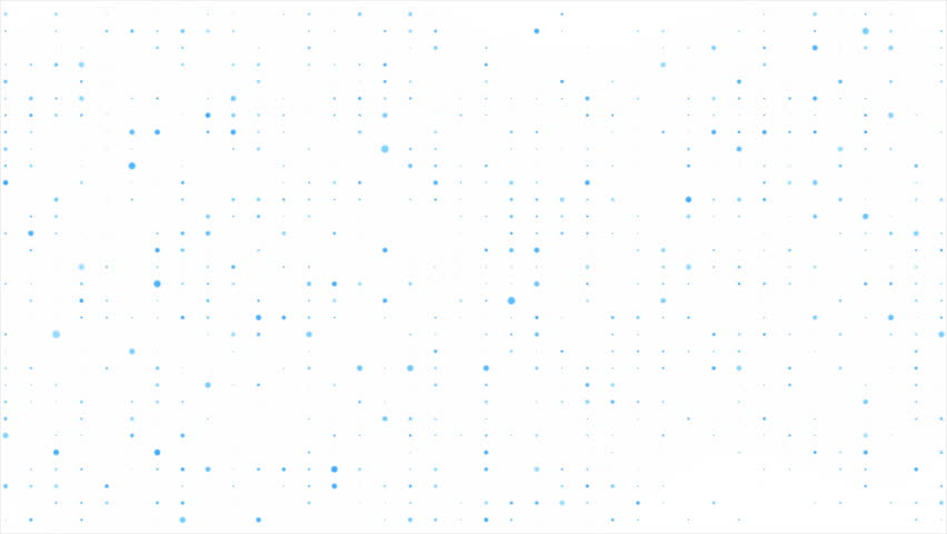 Abstract minimalist white background with blue dots random motion. Digital technology background, information flow, big data, and binary code. Network connection concept,  futuristic grid. 4k loop.