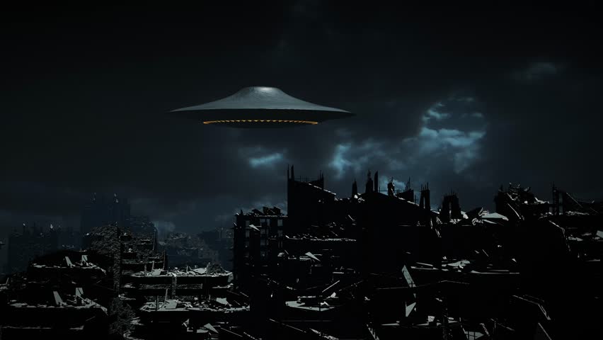 UFO Hovering Over a Post-Apocalyptic City at Night
A dark and mysterious scene of a massive UFO hovering over the ruins of a post-apocalyptic city under a stormy night sky.
