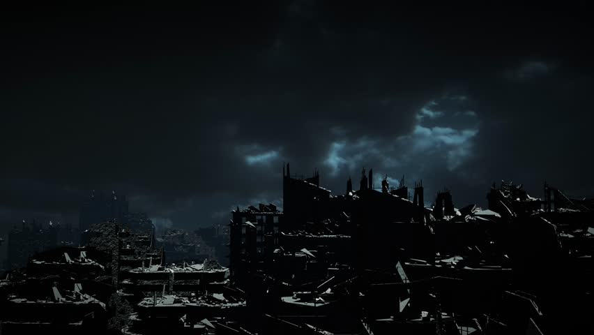 Apocalyptic Ruined City in Heavy Rain at Night
A dark and atmospheric view of a post-apocalyptic city, drenched in heavy rain under a stormy night sky.
