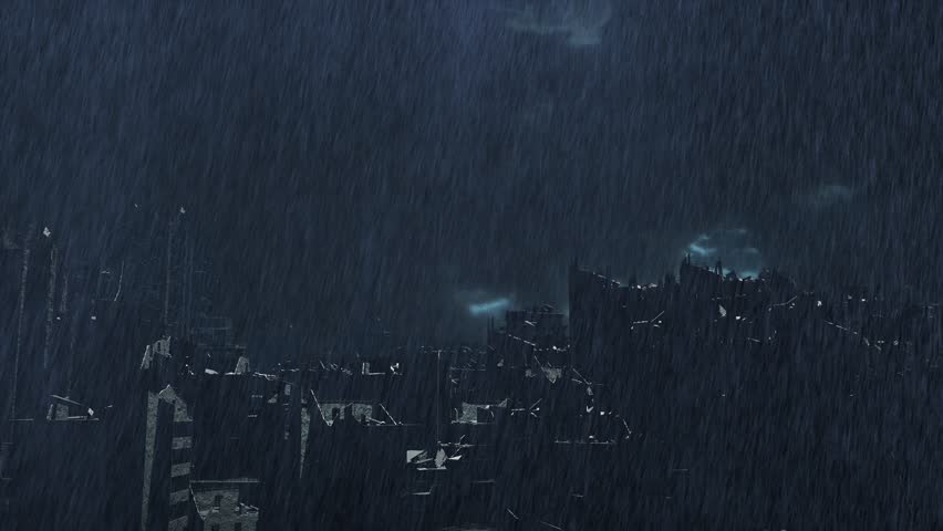 Apocalyptic Ruined City in Heavy Rain at Night

A dark and atmospheric view of a post-apocalyptic city, drenched in heavy rain under a stormy night sky.
