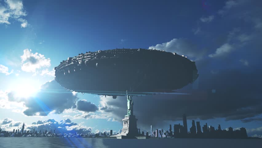 Alien spaceship above Statue of Liberty
Colossal UFO hovers ominously over the Statue of Liberty and New York skyline.
