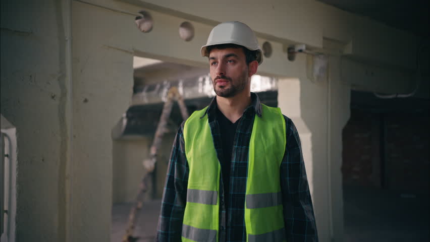 Caucasian builder worker man guy male handyman engineer architect in hardhat employee closing ears with hands industrial loud explosion in construction factory hiding from demolition building noise
