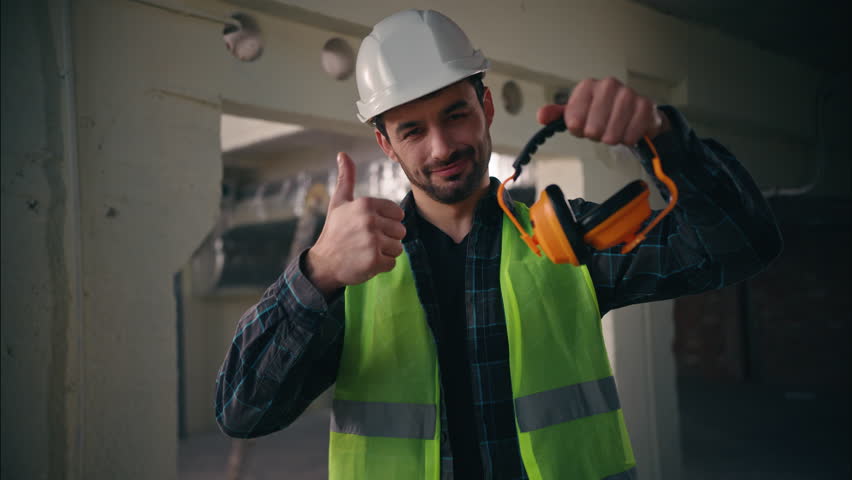 Cheerful Caucasian electrician man architect engineer smile builder technician guy showing earmuffs safety headphones acoustic protection in factory handyman thumb up male employer approval recommend