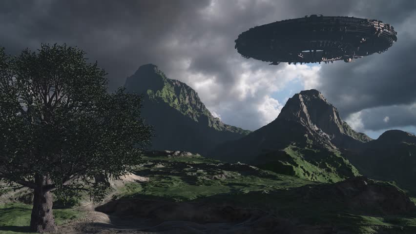 Alien ship over forest mountain
Giant UFO looms behind a lone tree in dark mountainous terrain under storm clouds.
