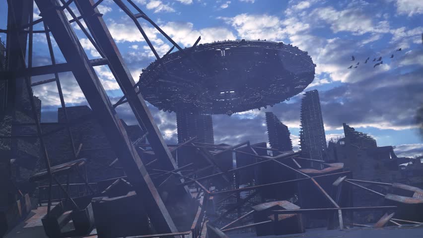 UFO invasion in burning amusement park
Giant alien ship hovers over ruins as thick smoke rises from shattered Ferris wheel.
