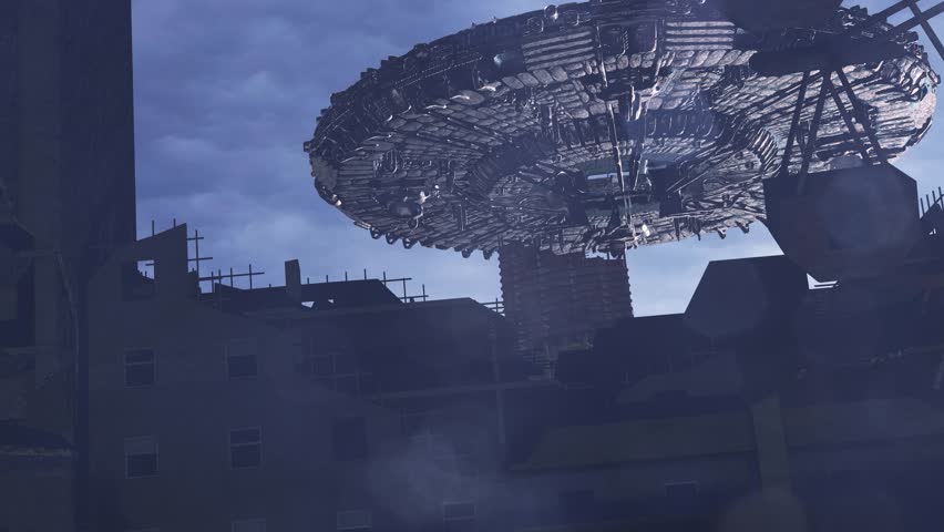 UFO invasion in burning amusement park
Giant alien ship hovers over ruins as thick smoke rises from shattered Ferris wheel.
