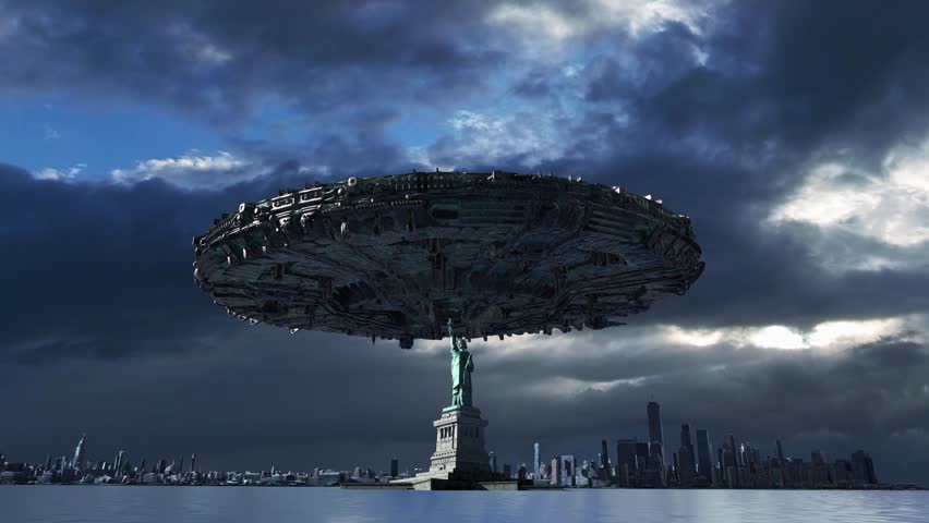 Alien spaceship above Statue of Liberty
Colossal UFO hovers ominously over the Statue of Liberty and New York skyline.
