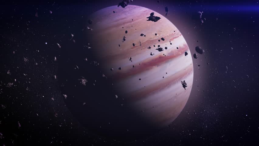 Jupiter amidst an asteroid field.
Jupiter, with its iconic swirling bands, is showcased in the heart of a dense field of asteroids and rocky meteors, set against the serene expanse of deep space.
