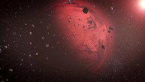 A glowing red planet mars with asteroids.

A beautifully illuminated red planet with detailed surface textures, surrounded by floating asteroids and rock meteors, under the warm glow of cosmic light.
 - Powered by Shutterstock - Get 15% off with code: PIKWIZARD15