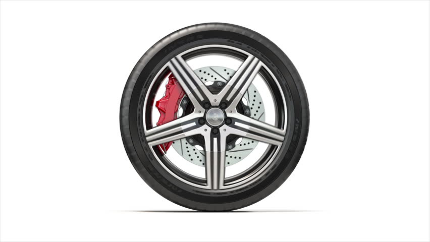 Car wheel structure. Tire, rim, disk brakes with caliper isolated on white. 3d animation. 3D Illustration