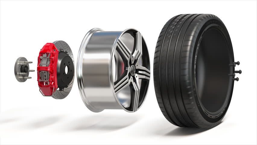 Car wheel structure. Tire, rim, disk brakes with caliper isolated on white. 3d animation. 3D Illustration