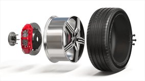 Car wheel structure. Tire, rim, disk brakes with caliper isolated on white. 3d animation. 3D Illustration - Powered by Shutterstock - Get 15% off with code: PIKWIZARD15
