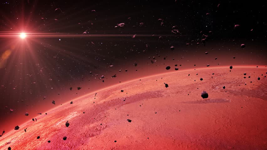 A glowing red planet mars with asteroids.

A beautifully illuminated red planet with detailed surface textures, surrounded by floating asteroids and rock meteors, under the warm glow of cosmic light.
