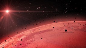 A glowing red planet mars with asteroids.

A beautifully illuminated red planet with detailed surface textures, surrounded by floating asteroids and rock meteors, under the warm glow of cosmic light.
 - Powered by Shutterstock - Get 15% off with code: PIKWIZARD15