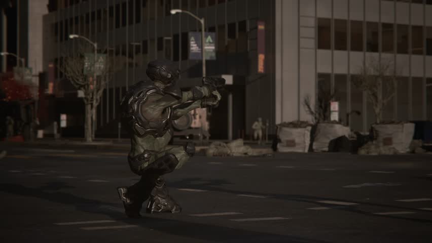 3D cinematic renders depicting intense combat between human soldiers and alien invaders during a fierce futuristic battle for Earth's survival. Scenes feature urban warfare, dramatic shootouts, wounde