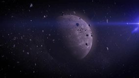 the moon surrounded by drifting asteroids.

A rugged moon with a cratered surface, encircled by a dense swarm of asteroids and rock meteors, set against the tranquil backdrop of deep space.

 - Powered by Shutterstock - Get 15% off with code: PIKWIZARD15