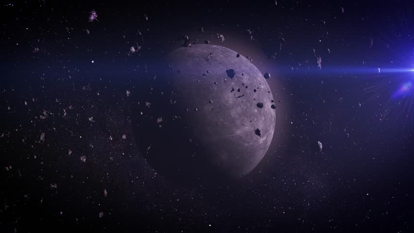 UFO near a moon
An unidentified flying object (UFO) flies past a moon surrounded by asteroid debris, with a distant cosmic backdrop and a glowing star enhancing the mysterious atmosphere.
