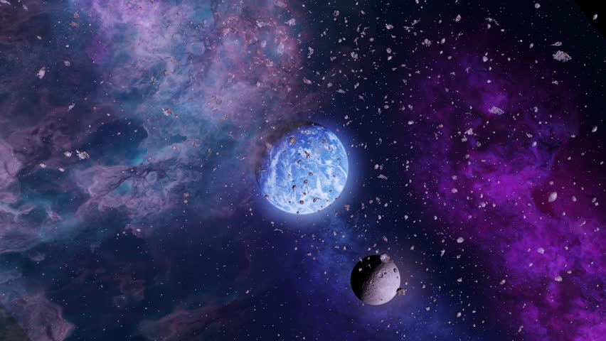 Earth and its Moon in space
A beautiful view of Earth and its Moon, floating in the vastness of space. The cosmic background features vibrant purple and blue nebulae, enhancing the beauty of this cel