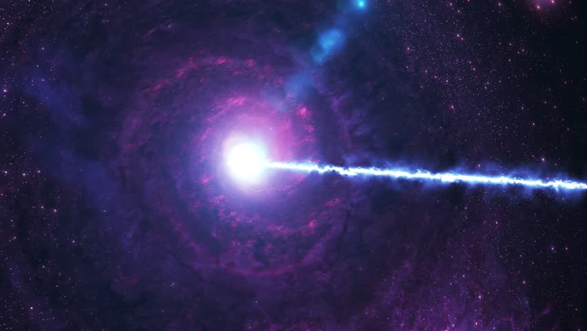 Space phenomenon with an intense light beam shooting through a galaxy.