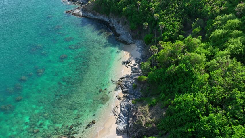 This aerial view of a tranquil beach and vibrant forest highlights the importance of sustainable tourism, promoting the conservation of coastal ecosystems through responsible travel. Phuket, Thailand.