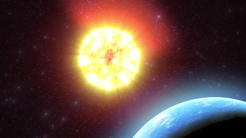 A powerful sun shines brightly over Earth in space.