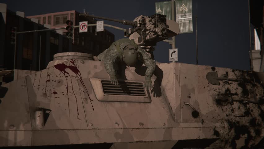 3D cinematic renders depicting intense combat between human soldiers and alien invaders during a fierce futuristic battle for Earth's survival. Scenes feature urban warfare, dramatic shootouts, wounde