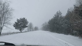 A deserted snow-covered road surrounded by trees during a heavy snowfall in winter. Peaceful, cold, and misty natural landscape captured in a rural area - Powered by Shutterstock - Get 15% off with code: PIKWIZARD15