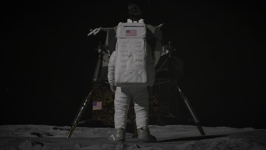Highly realistic 3D cinematic renders showcasing detailed views of the moon’s surface, astronauts exploring lunar terrain, rocky landscapes, craters, and caves. Includes slow-motion scenes of astronau