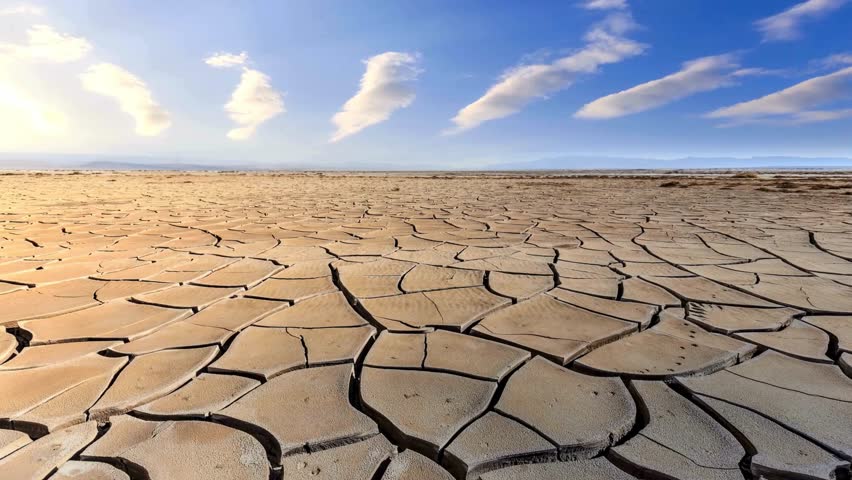 Arid Landscape: Cracked Earth and Blue Sky at Sunset
