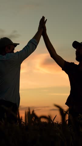 Farmers men raise their hands clap their palms making deal, agricultural field. Teamwork of business people. Teamwork of business people in agriculture. Business people partners shaking hands in field