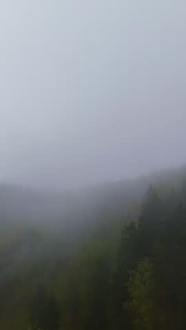 Vertical video Aerial view of misty green mountains covered with lush forest, fog drifting through hills under a cloudy sky, creating a beautiful natural landscape perfect for travel, adventure, and